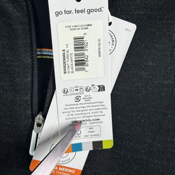 NWT SmartWool Intraknit Merino 200 1/4 Zip Base Layer Top Black/White Size Small - Picture 6 of 8